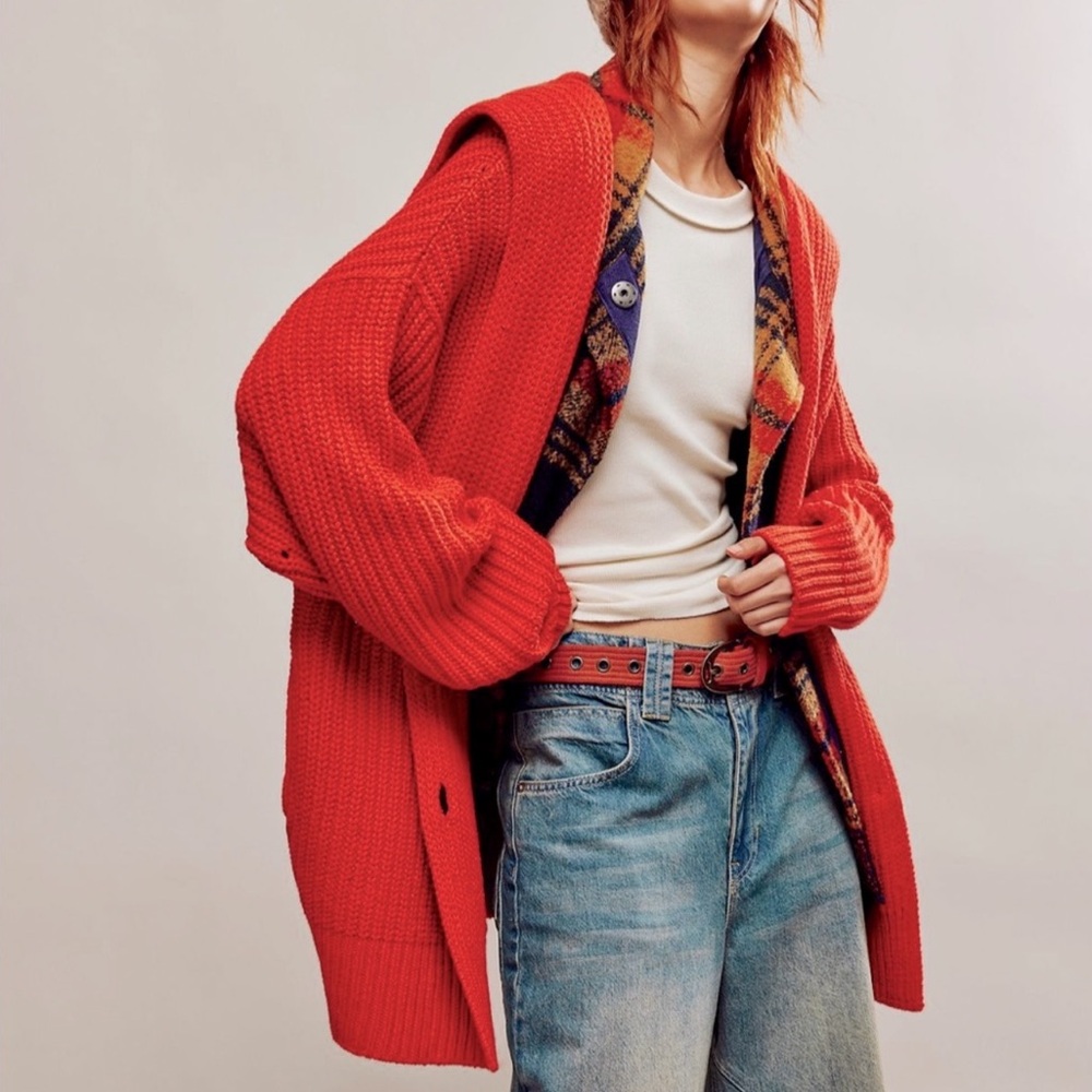 Free People Swim Too Deep Red Cardigan Sweater
